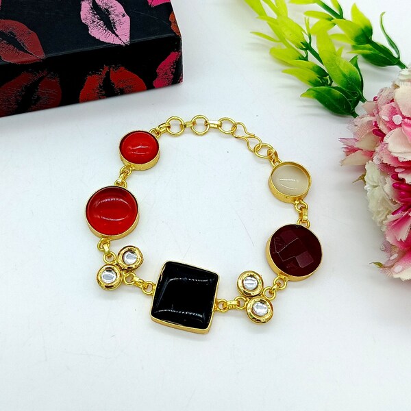 8"Matte Gold Plated Multi Gemstone Bracelet,Black, Brown Onyx, Coral & Kundan Bracelet,Designer Modern Adjustable Bracelet,Bridesmaid Bridal