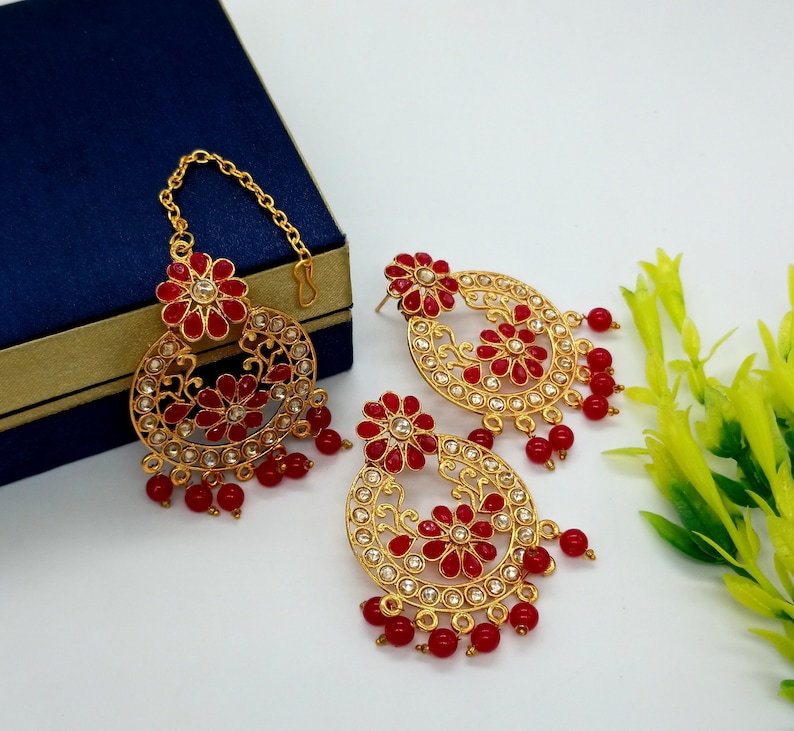 Teeka Bollywood Bridesmaid Gift Hot Pink Stone Tikka w Earring Set-Indian Bridal Maang Tikka Tika Headpiece-Handmade Jewelry Set For Her