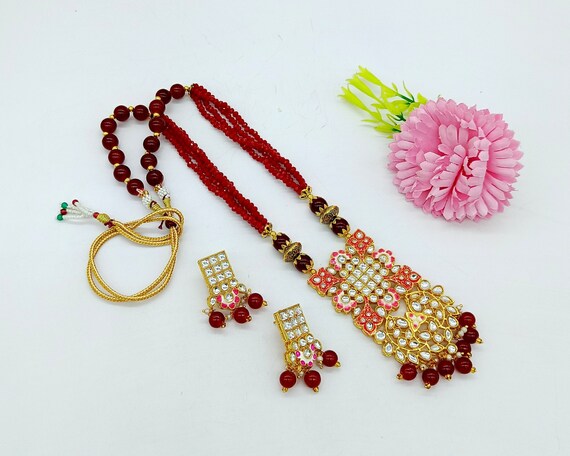 Jodha Akbar Faceted Red Onyx Beaded Necklace Hand Painted Enameled