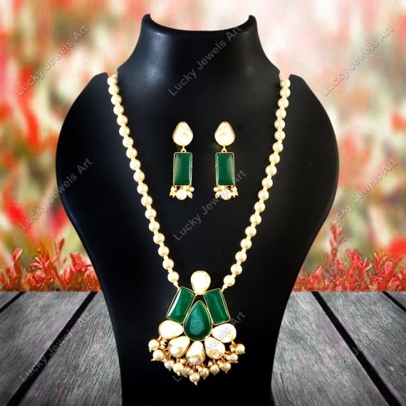 Gold Plated Baroque Pearl Necklace Set: Green Onyx, Pakistani