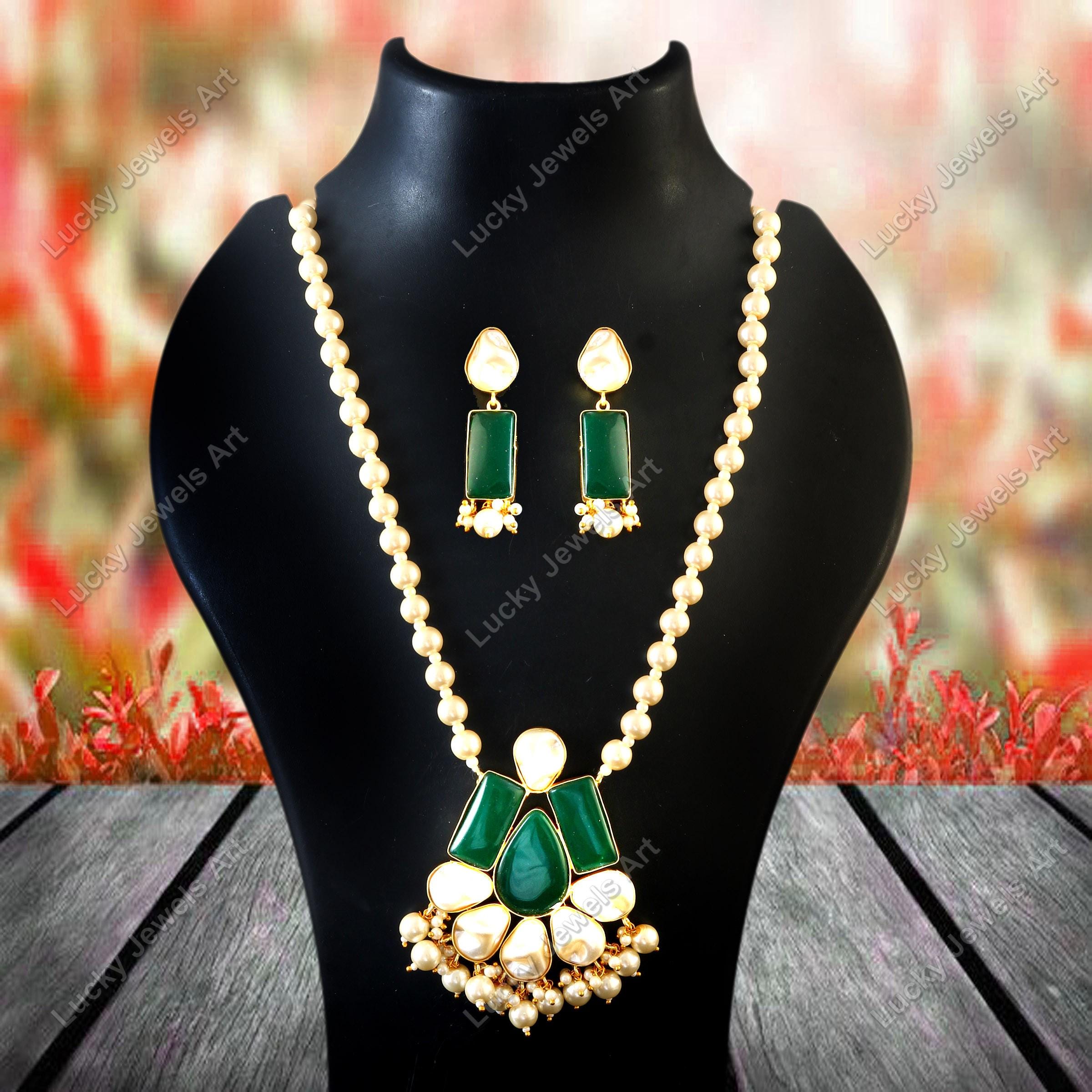 Gold Plated Baroque Pearl Necklace Set: Green Onyx, Pakistani
