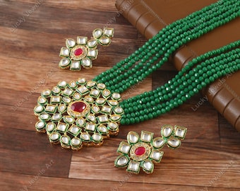 Designer Green Beaded Necklace - Adjustable Bridal Kundan Jewelry Set - Indian Traditional Bridesmaid Necklace