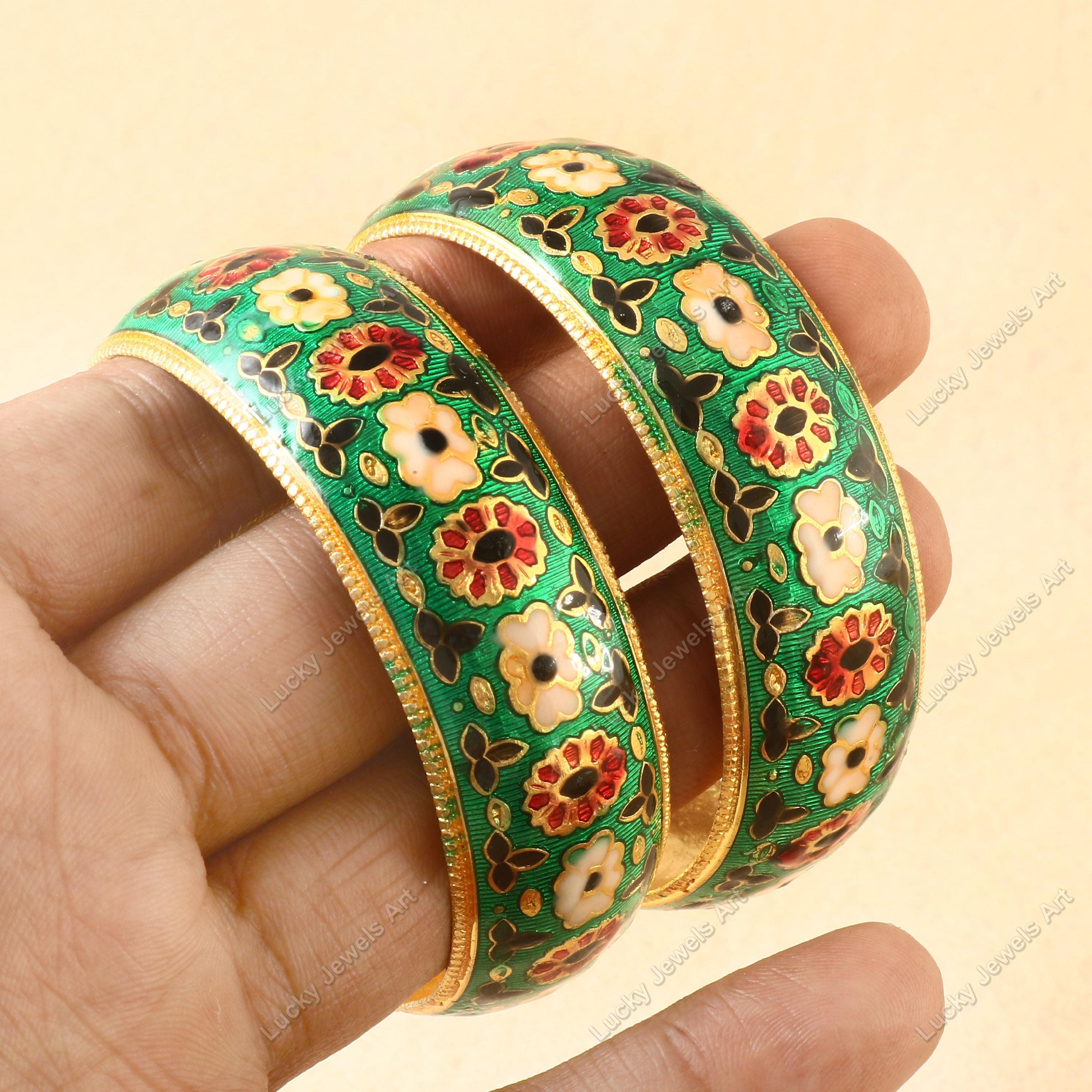 Hand Painted Multi Enameled Flower Bangles - Designer Handmade Green ...