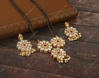 Mangalsutra de diamantes Polki bañado en oro de 22 kt: collar nupcial de cuentas negras, regalo tradicional indio para dama de honor.