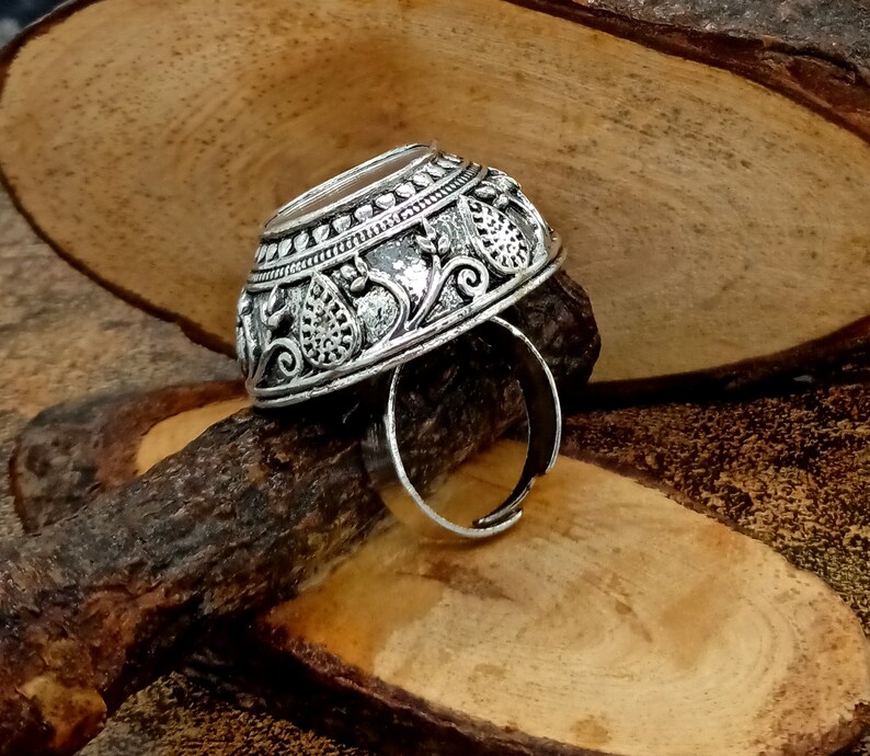 Statement Bohemian Ring Mirror Ring Oxidized Silver Plated Ring Traditional Adjustable Ring Wedding Flower Ring Unisex Silver Ring