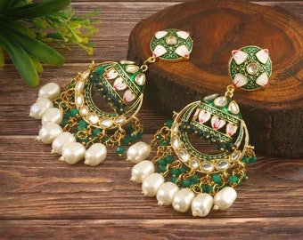 Hand Painted Kundan Flower Earrings -Traditional Wedding Bridal Bridesmaid Shell Pearl Earrings -Ethnic Tribal Meenakari Earrings -Gift Idea
