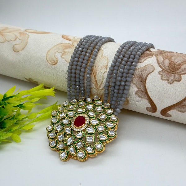 Long Polki Necklace - Pakistani Jewelry - Kundan Necklace Set w/Earrings - Indian Wedding Bridal Jewelry - Semiprecious Gray Beaded Necklace