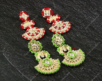 Pendientes de flores Kundan chapados en oro - Pendientes con cuentas de piedras preciosas - Joyería de boda india de Bollywood - Pendientes de oro de dama de honor nupcial de diseñador