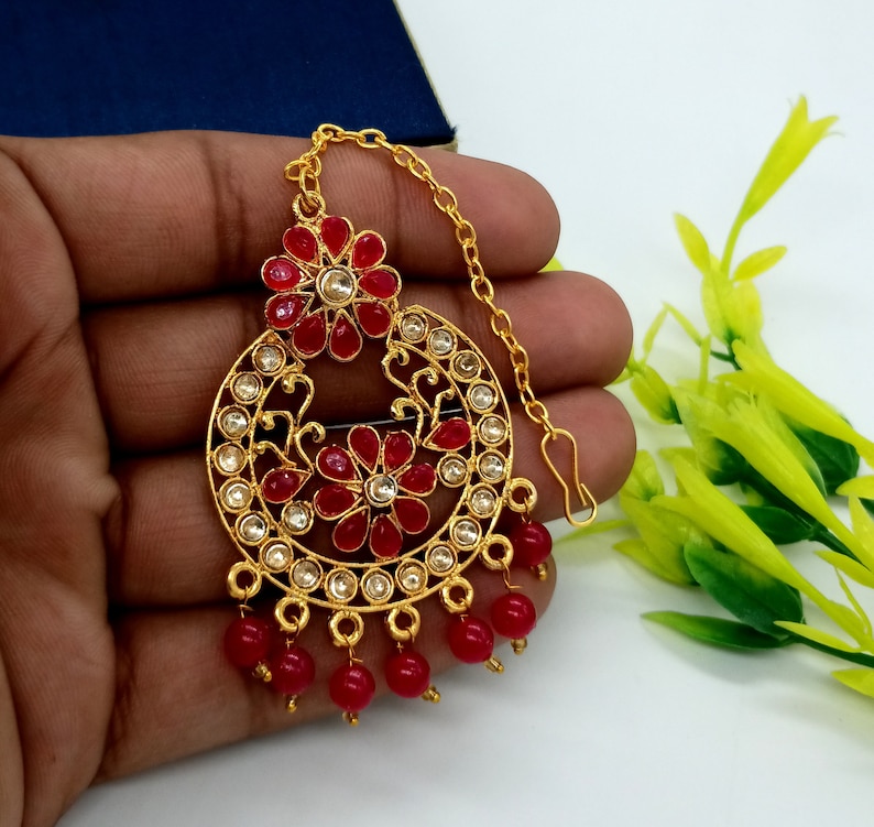 Teeka Bollywood Bridesmaid Gift Hot Pink Stone Tikka w Earring Set-Indian Bridal Maang Tikka Tika Headpiece-Handmade Jewelry Set For Her