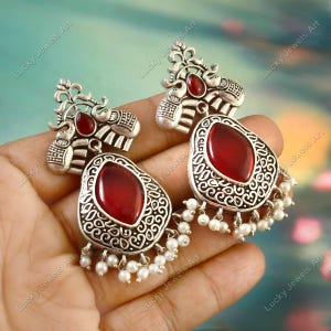 Antiquated Silver Plated Pearl Earrings -Natural Gemstone Earrings -Ethnic Tribal Elephant Earrings -Handmade Indian Wedding Replica Jewelry