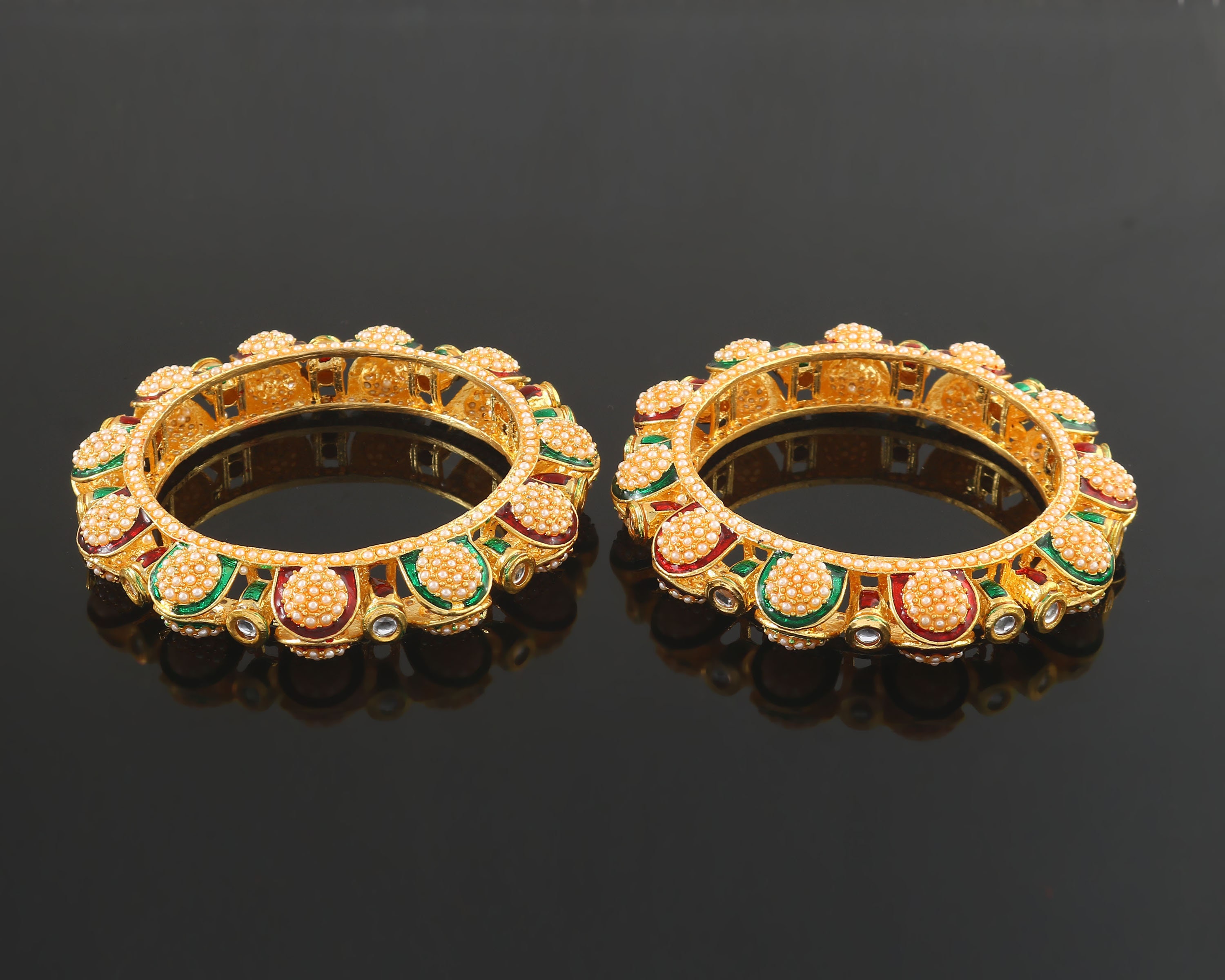 Hand-painted Jadau Pearl Bangles: Gold Plated Kundan Meenakari