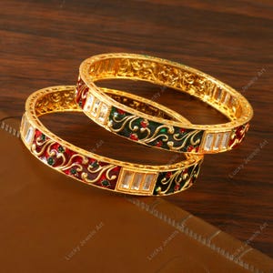 Gold Plated Kundan Bangles - Wedding Jewelry - Designer Meenakari Bangles -Indian Ethnic Tribal -Polki Diamond Gold Bangles- Bridesmaid Gift