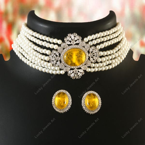 Gemstone Neck Piece: Bridal Wedding Zircon Jewelry Set, Indian Traditional Bridesmaid Necklace, Gift