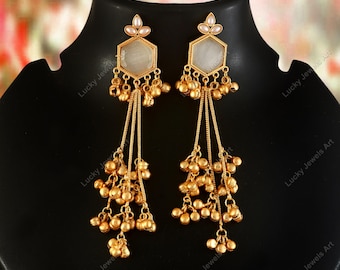 Festive Fusion Kashmiri Inspired White Monalisa Earrings, Indian Wedding Gemstone Jhumkas, Golden Ball Jhumkies