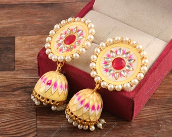 Handcrafted Hand Painted Lemon Jhumkies -Traditional Kundan & Pearl Jhumki Earrings - GIFT For Mom/ Wife/ Sister - Meenakari Jhumka Earrings