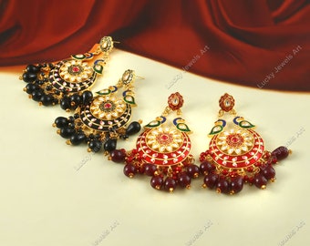 Hand Painted Peacock Earrings -Traditional Wedding Bridal Jewelry -Designer Gold Plated Kundan Earrings-Indian Meenakari Bridesmaid Earrings