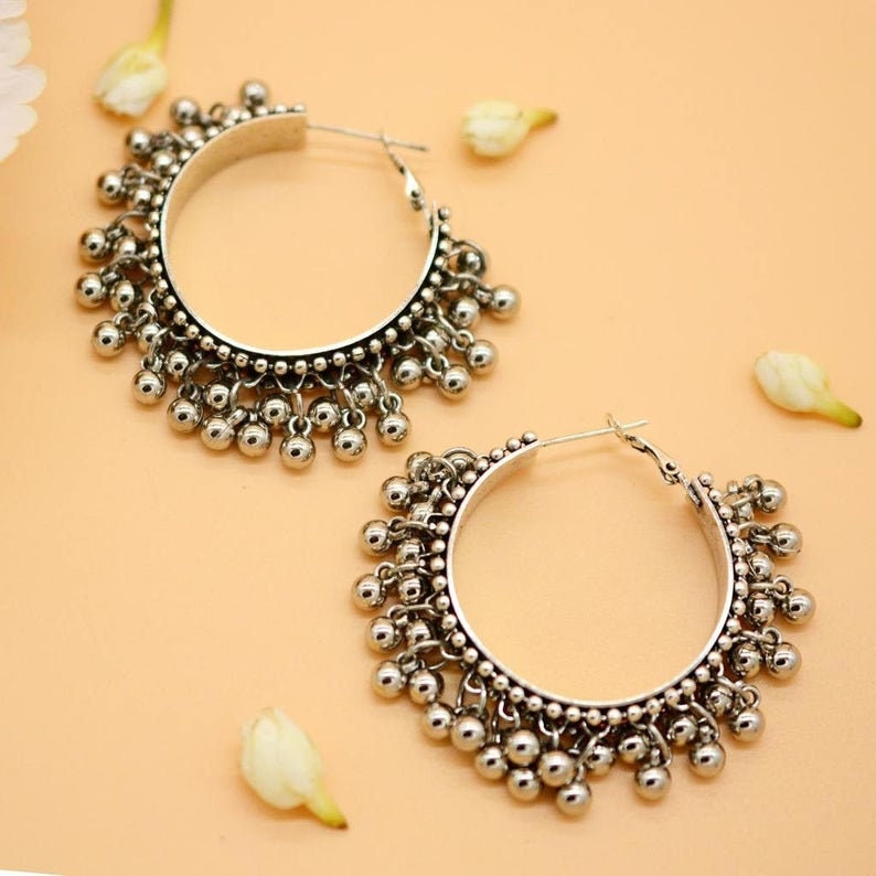 German Silver Hoop Earrings- Jhumka Earrings W/ Anklet Bells