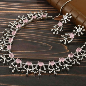 Pink Monalisa Silver Neck Piece: Bridal Wedding Zircon Jewelry Set, Indian Traditional Bridesmaid Necklace