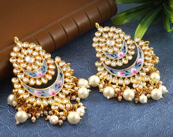 Hand Painted Kundan Earrings -Traditional Wedding Bridal Jewelry -Designer Gold Plated Pearl Cluster Earrings -Meenakari Bridesmaid Earrings