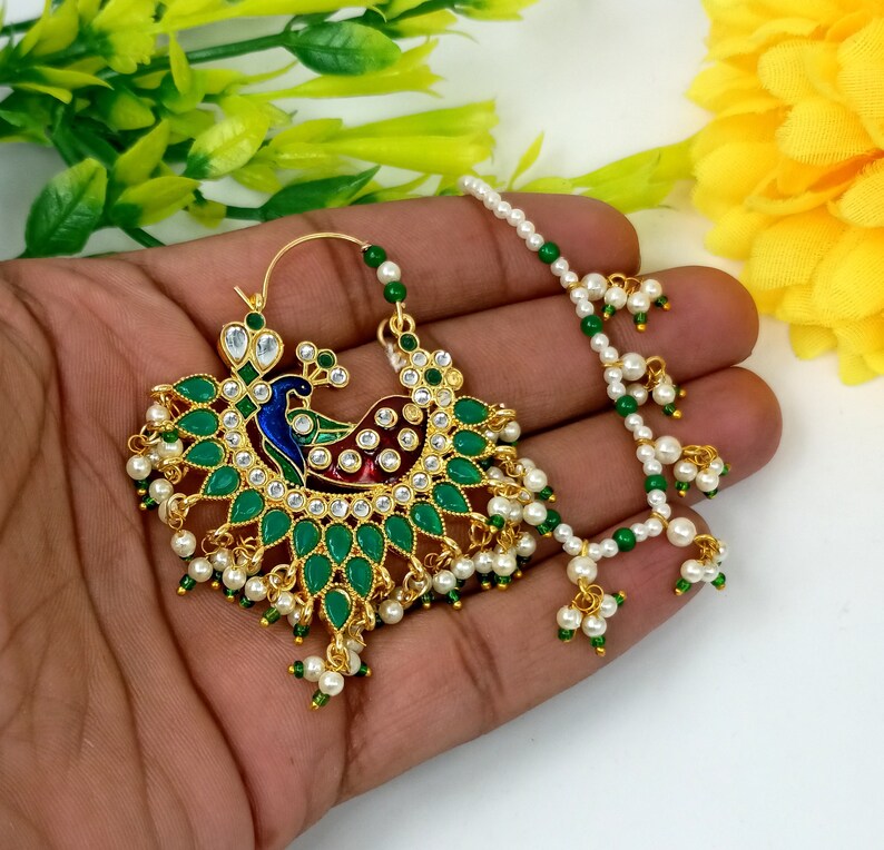 Indian Bridal Nathni Meenakari Nose Press Pin Nose Ring w Pearl Chain Peacock Bead Dangling Nath Kundan /& Pearl Nose Ring Green Stone
