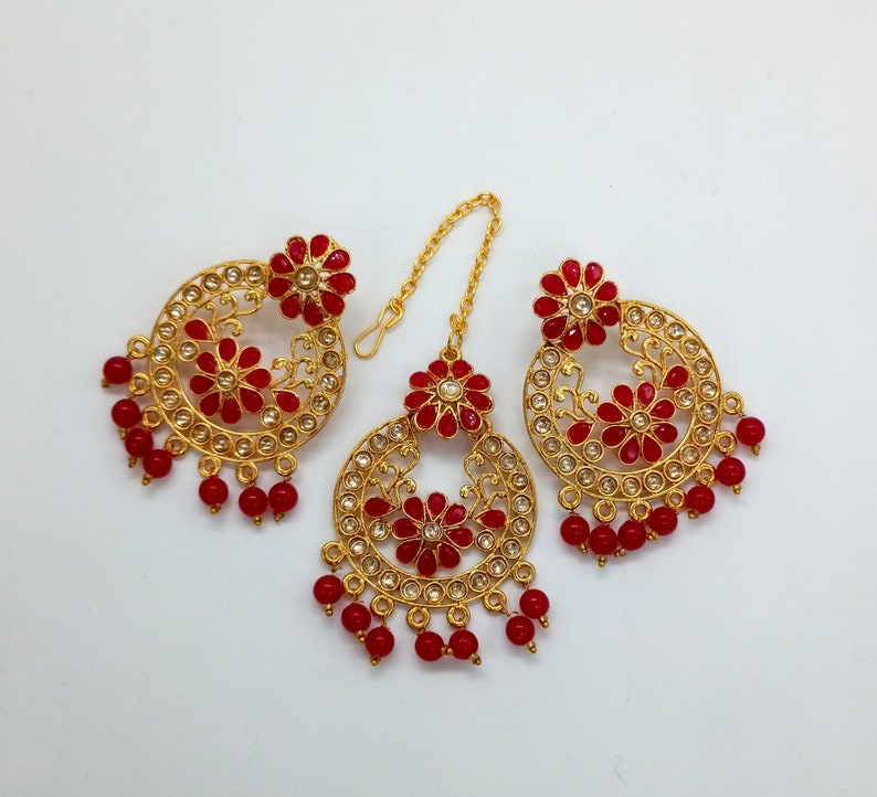 Teeka Bollywood Bridesmaid Gift Hot Pink Stone Tikka w Earring Set-Indian Bridal Maang Tikka Tika Headpiece-Handmade Jewelry Set For Her