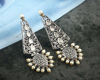 Schwarz Oxidierte Ohrringe - Designer Perlen Ohrringe - Handgemachter Indischer Hochzeitsschmuck Replik Schmuck - Natürliche Kundan Ohrringe - Ethnic Tribal