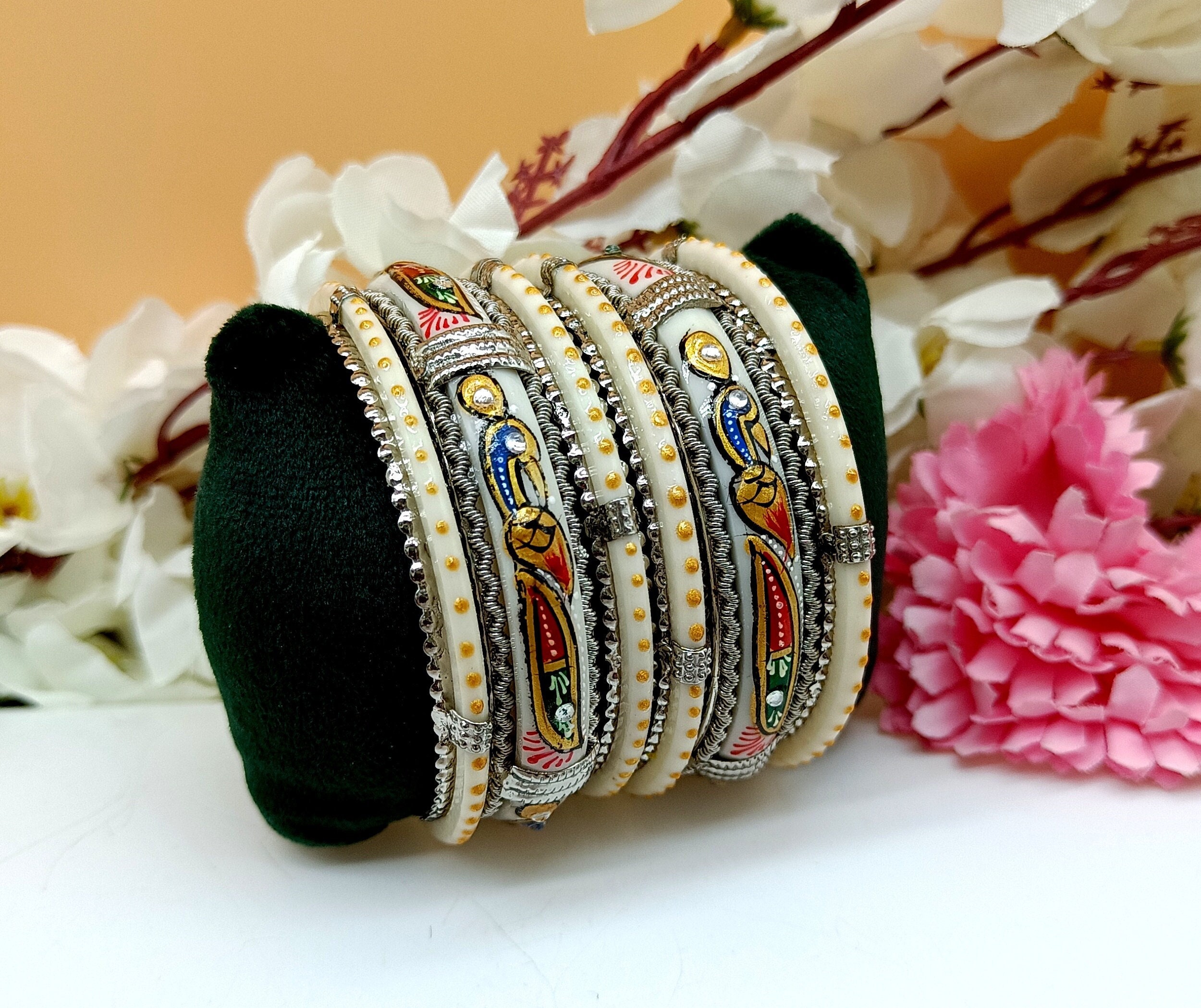 6 Bangles Set - Hand Painted Peacock Bangles - Wedding Bridal