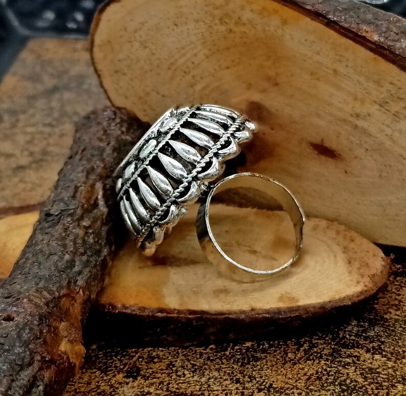 Statement Bohemian Ring Wedding Flower Ring Oxidized Silver Plated Ring Unisex Silver Ring Traditional Adjustable Ring Mirror Ring
