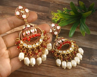 Hand Painted Kundan Flower Earrings -Traditional Wedding Bridal Bridesmaid Shell Pearl Earrings -Ethnic Tribal Meenakari Earrings -Gift Idea