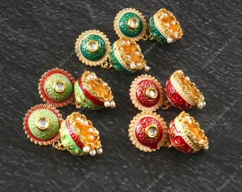 Handgemaakte handgeschilderde gouden Jhumkies - traditionele Kundan & Pearl Jhumki oorbellen - cadeau voor moeder/vrouw/zus - Meenakari Jhumka oorbellen