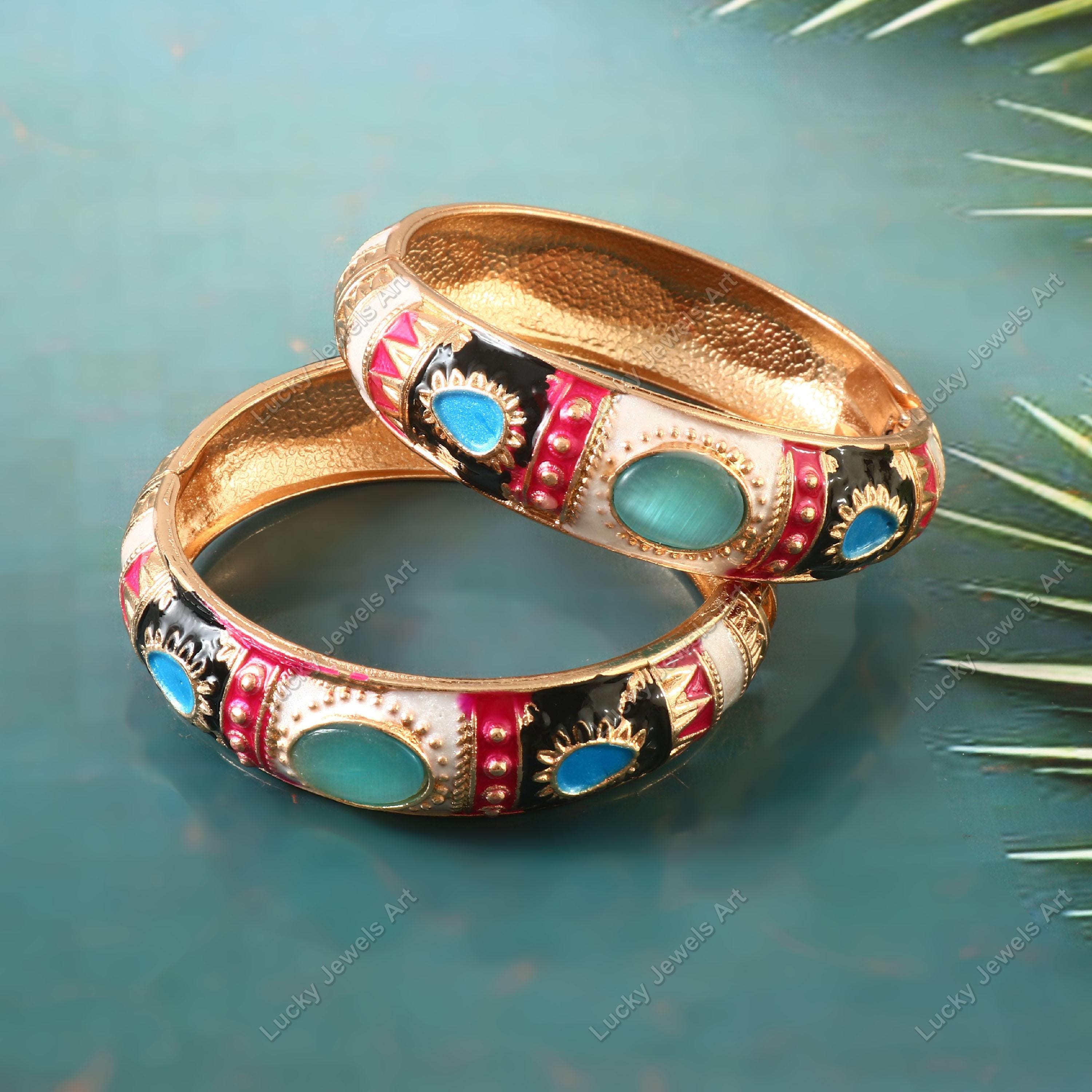 Gold Plated Gemstone Bracelet - Adjustable Bridal Kada - Indian