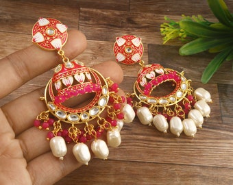 Hand Painted Kundan Flower Earrings -Traditional Wedding Bridal Bridesmaid Shell Pearl Earrings -Ethnic Tribal Meenakari Earrings -Gift Idea