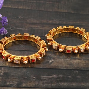 Gold Plated Pink & Green Stone Bangles -Wedding Bridal Zircon Jewelry-Bridesmaid Gift -Designer Pearl Bangles -Ethnic Tribal Rajwada Bangles
