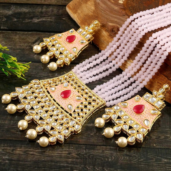 Polki Diamond Necklace- Pakistani Jewelry-Gold Plated Kundan Necklace Set w/Earrings-Pearl Necklace-Semiprecious Rose Quartz Beaded Necklace