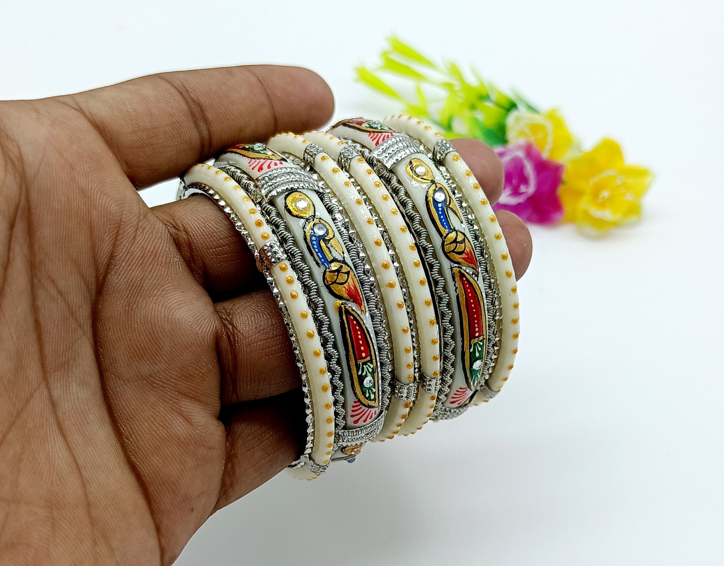 6 Bangles Set - Hand Painted Peacock Bangles - Wedding Bridal