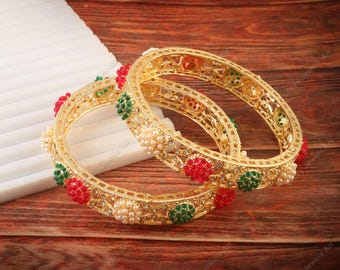 Gold Plated Multi Stone Bangles - Designer Indian Wedding Jewelry - Bridesmaid Bridal Pearl Bracelets