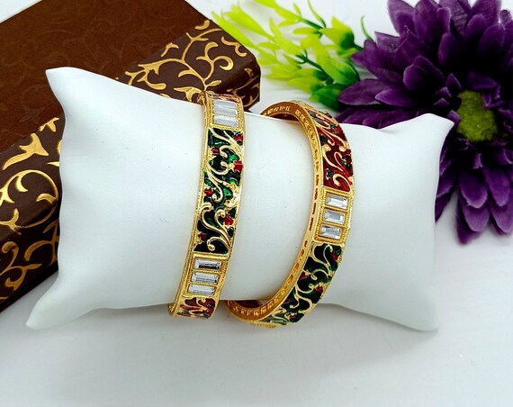 Gold Plated Kundan Bangles Wedding Jewelry Designer Meenakari