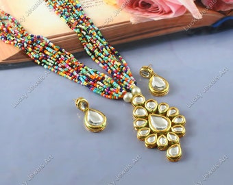 Long Polki Necklace - Pakistani Jewelry - Kundan Necklace Set w/Earrings -Indian Wedding Bridal Jewelry - Semiprecious Multi Beaded Necklace
