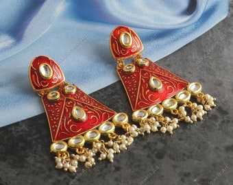 Handbemalte Kundan- und Perlenohrringe - Designer-Strukturohrringe - Traditionelle handgefertigte Ohrringe - Ethnische Stammesohrringe - Indische Hochzeit Braut - Rot