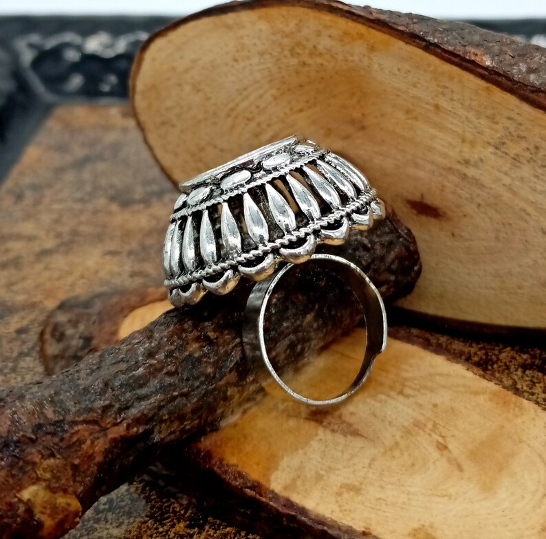 Statement Bohemian Ring Wedding Flower Ring Oxidized Silver Plated Ring Unisex Silver Ring Traditional Adjustable Ring Mirror Ring