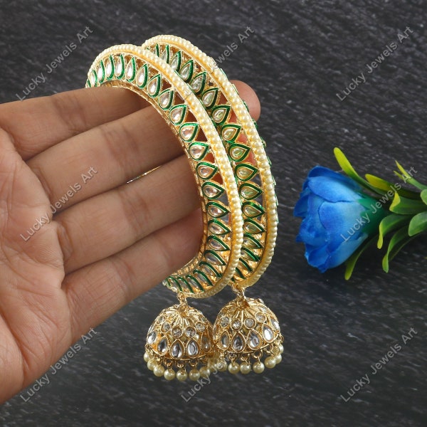 Gold Plated Polki Diamond Jhumka Bangles - Indian Meenakari Gold Bracelets - Indian Wedding Pearl Bangles - Bridesmaid Bridal Kada Bangles