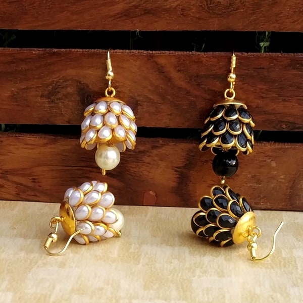 Jhumki Earrings /// Multi Stone Earrings /// Jaipur Earrings /// Indian Jewelry /// Handmade Gold Earrings /// Wedding Pachi Jewelry