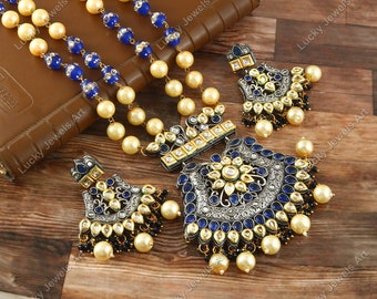 Collana lunga 14" con pietre preziose di quarzo blu antiquato - Set di collane Boho di design con orecchini - Collo di perle da sposa da damigella d'onore - Tribale etnico
