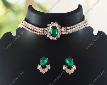 Gargantilla de diamantes solitarios -Collar de cuarzo verde cromado con pendientes -Collar de boda con cuentas blancas -Collar tradicional de dama de honor nupcial