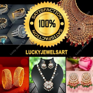 May include: An assortment of gold jewelry, including rings, necklaces, earrings, and bangles. The image features a gold necklace with red accents, a pendant necklace and matching earrings, and a gold seal that says "100% Satisfaction". The text "Lucky Jewels Art" is also visible.