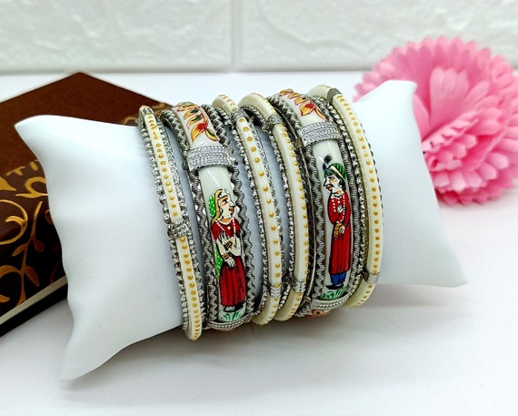 【GARNI】Paint Crockery Bangle Hand Painted Raja Rani Bangles - Silver Plated Bridal Chura Set
