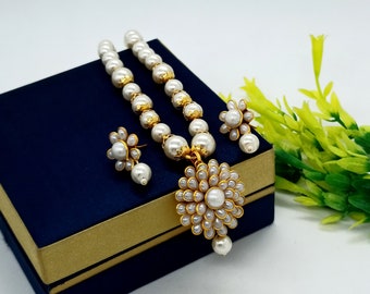 Gold Plated Pearl Necklace Set w/Earrings - Adjustable Pachi Flower Necklace -Rajwada Wedding Jewelry -Gemstone Neck Piece - Bridal Necklace