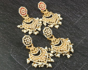 22kt Gold Plated Polki Diamond Earrings - Indian Meenakari Earrings - Bollywood Celebrity Pearl Cluster Earrings - Bridesmaid Bridal Jewelry