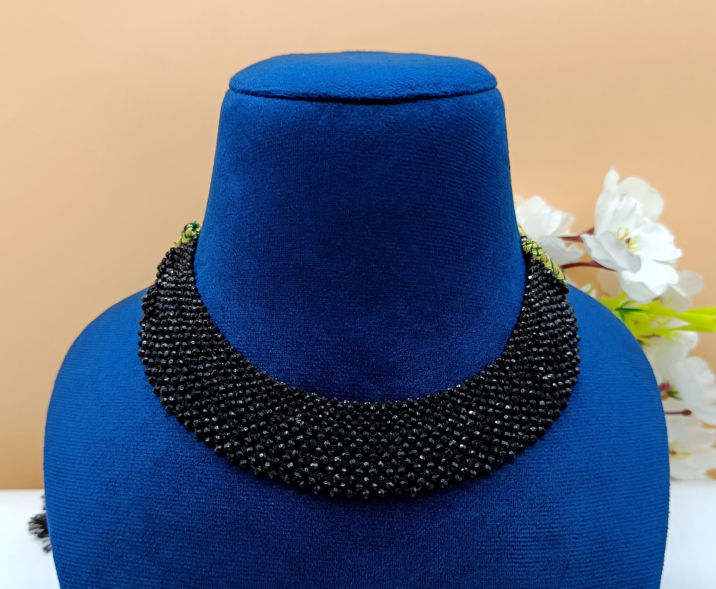 Faceted Black Onyx Choker Necklace - Adjustable Cuff Necklace - Ethnic Tribal - Hydro Stone Neck Piece - Multi Layer Faceted Beaded Necklace