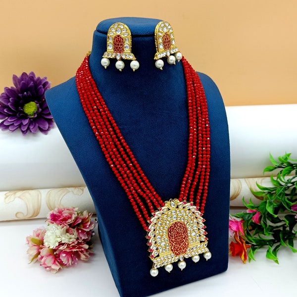 Long collier polki - bijoux pakistanais - ensemble de colliers kundan avec boucles d'oreilles - collier de perles Meenakari - collier de perles d'onyx rouge semi-précieuse
